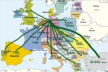 Europakarte mit Zuzügen nach Bremen gesamt (Stand 2011)