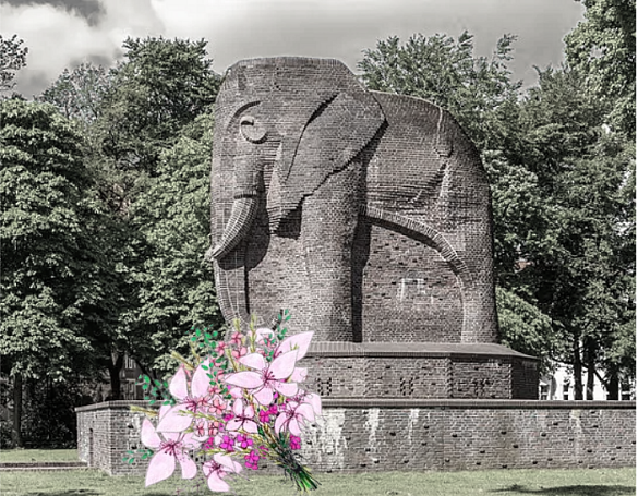 Das Antikolonialdenkmal Elefant im Nelson Mandela Park mit einem Blumenstrauß im Vordergrund