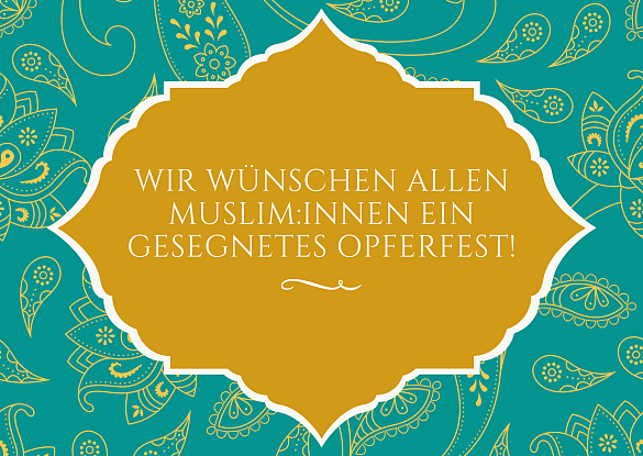 Grußbotschaft auf türkisem Hintergrund mit goldenen Verzierungen