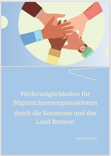 Deckblatt der Broschüre "Fördermöglichkeiten für Migrant:innenorganisationen durch die Kommune und das Land Bremen" (Stand: 02/2025)