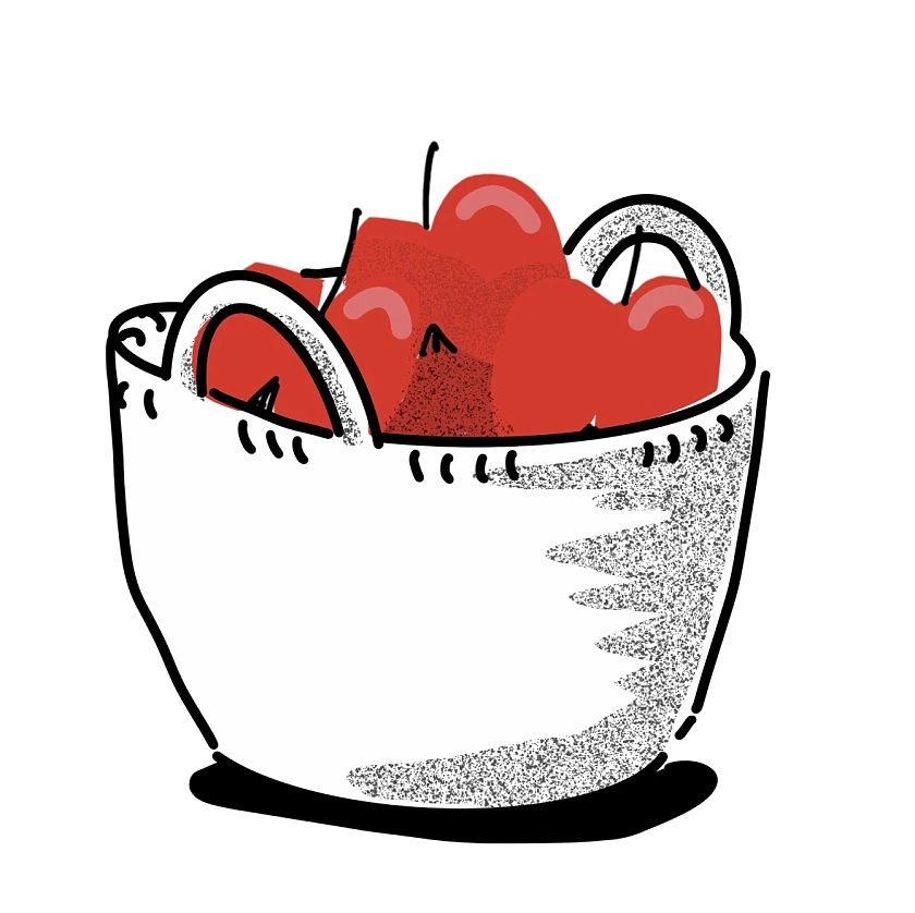 das Ziel der Reise ist ein Aufwachsen in Wohlergehen. Hier dargestellt durch einen Korb voller saftiger Äpfel.