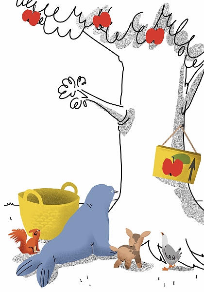 Vier Tiere versuchen an den Korb mit Äpfeln in einem Baum heranzukommen. Sie haben jedoch alle unterschiedliche Voraussetzungen, auf den Baum klettern zu können.