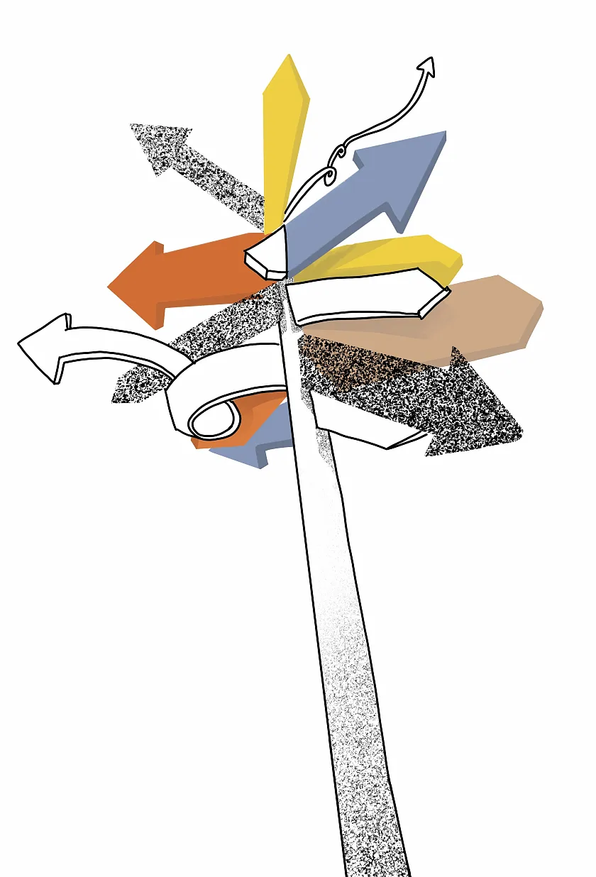 Ein Schild verweist in viele verschiedene Richtungen und verwirrt.