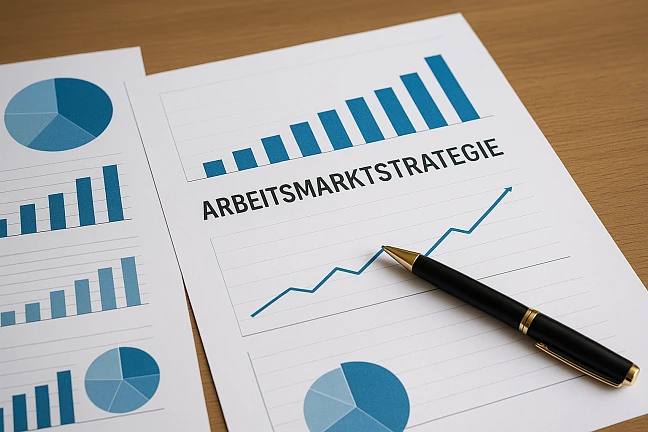 Zettel mit Diagrammen mit der Aufschrift Arbeitsmarktstrategie